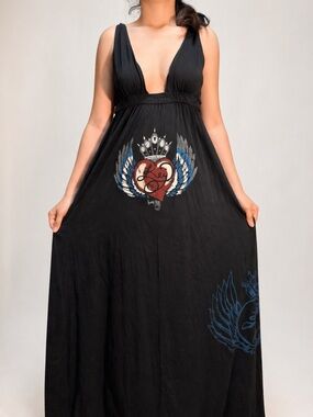 Vintage Y2K Key Closet LA Graphic Plunge Maxi Dress Goth Emo Small